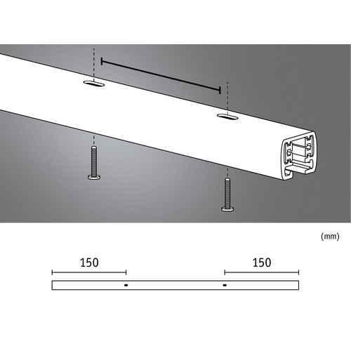 Diagramm zeigt die Montageanleitung für ein längliches Bauteil mit zwei Bohrungen für Schrauben. Abstand zwischen den Löchern beträgt 150 mm.